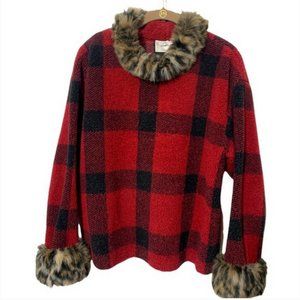 Tasha Polizzi T.P. Saddle Blanket Co Vintage Plaid Fleece/Leopard Fur Sweater